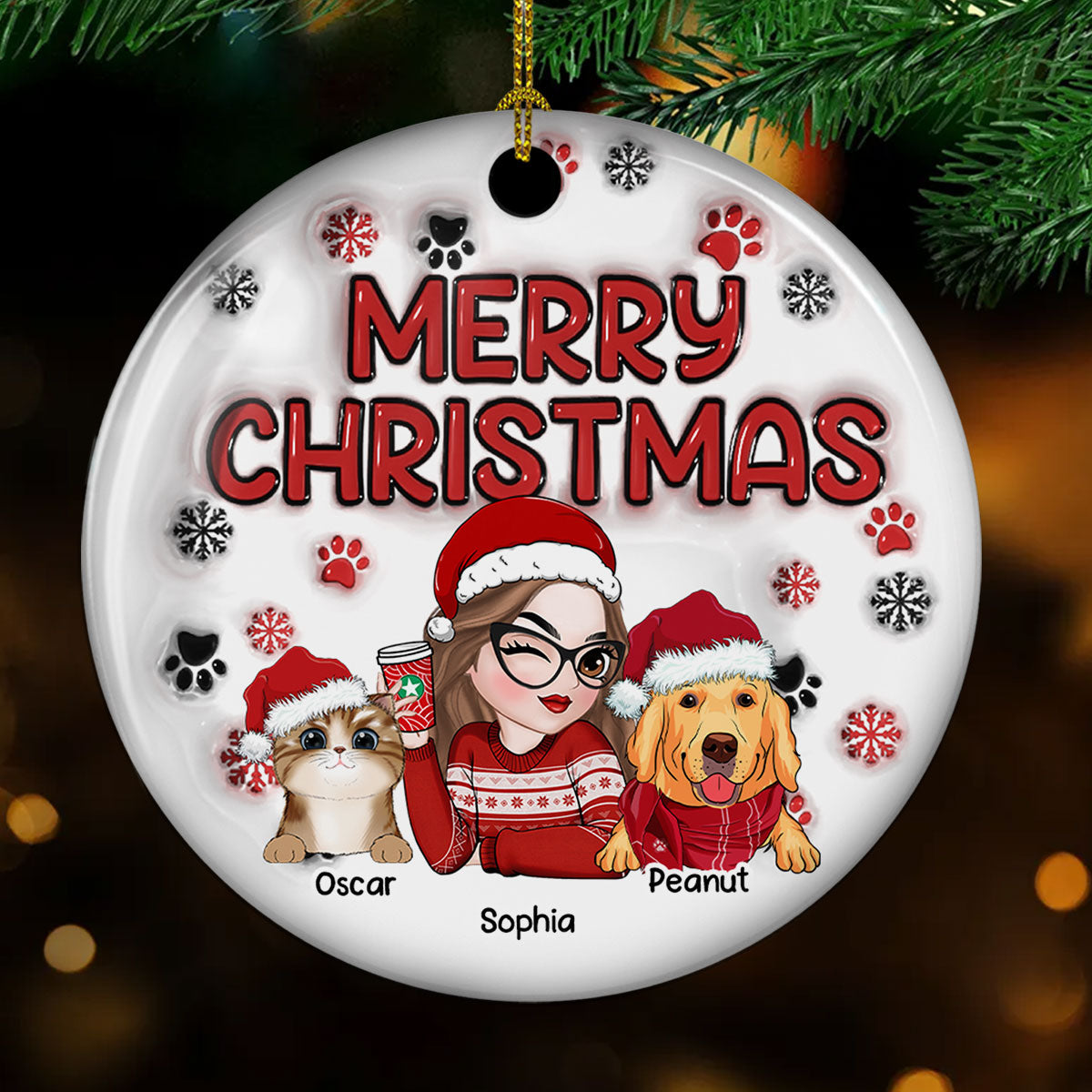 Ornement de Noël personnalisé – “Merry Christmas Fur Mom” – Boule céramique 3D effet gonflé, cadeau pour mamans d’animaux