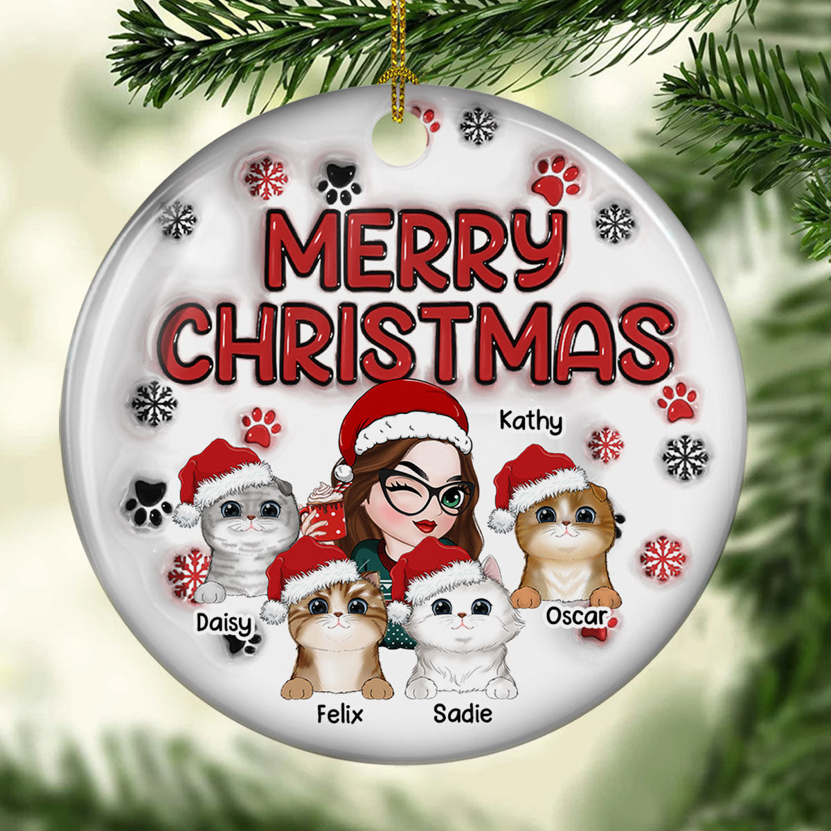 Ornement de Noël personnalisé – “Merry Christmas Fur Mom” – Boule céramique 3D effet gonflé, cadeau pour mamans d’animaux